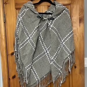 Gray Plaid Fringe Poncho
